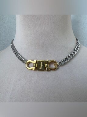 Custom Vintage Two-tone Ferragamo Necklace Silver Gold Curb Chain Choker 15.5”